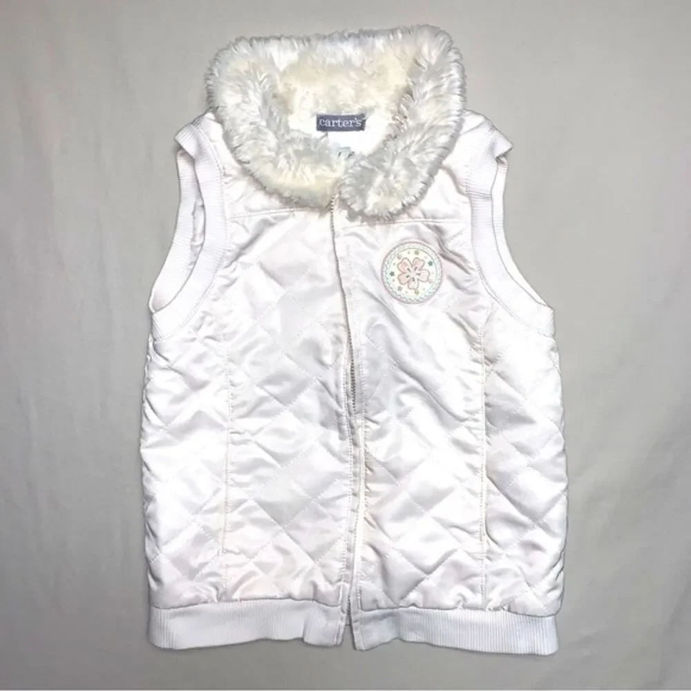White Quilted Vest Girl's 5 Faux Fur Glitter Patch Fall School Spring